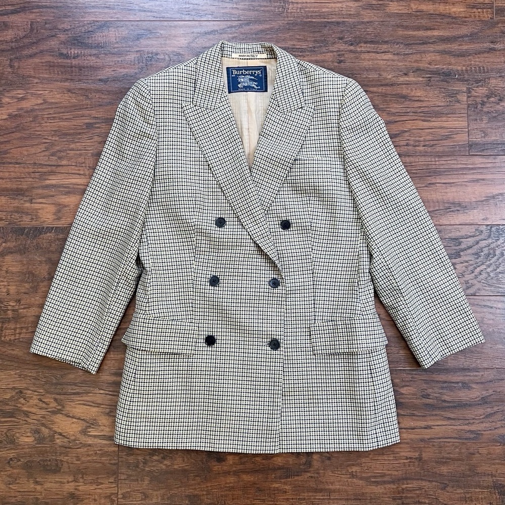 vintage • Burberry blazer plaid wool double breasted yellow blue cream mini
